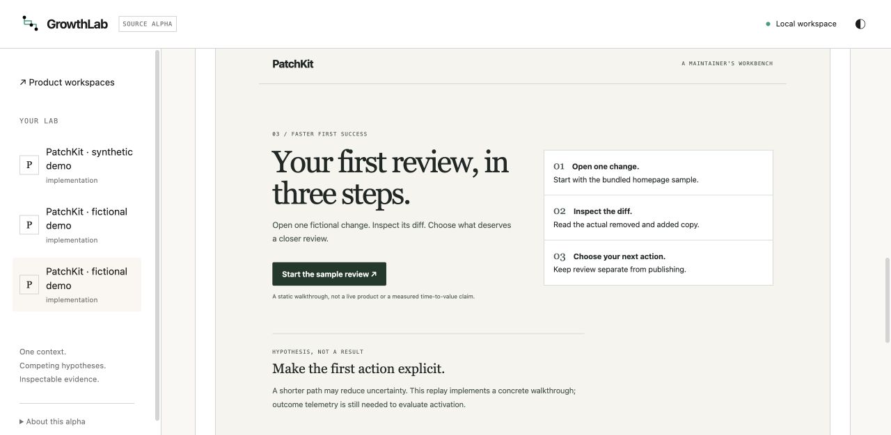 Actual desktop candidate preview with the Faster first success homepage and three onboarding steps.