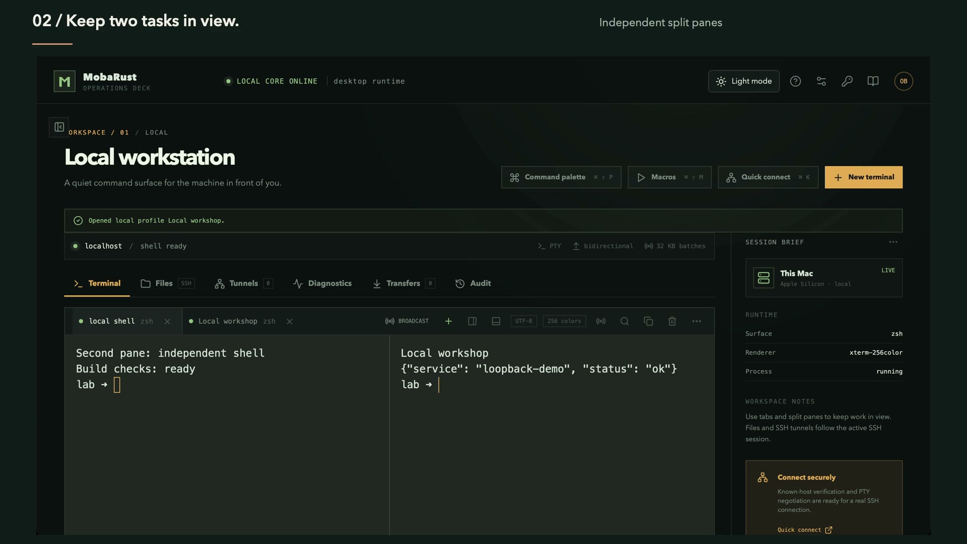 MobaRust desktop running a local shell, with session navigation, terminal tabs, files, tunnels, and diagnostics visible