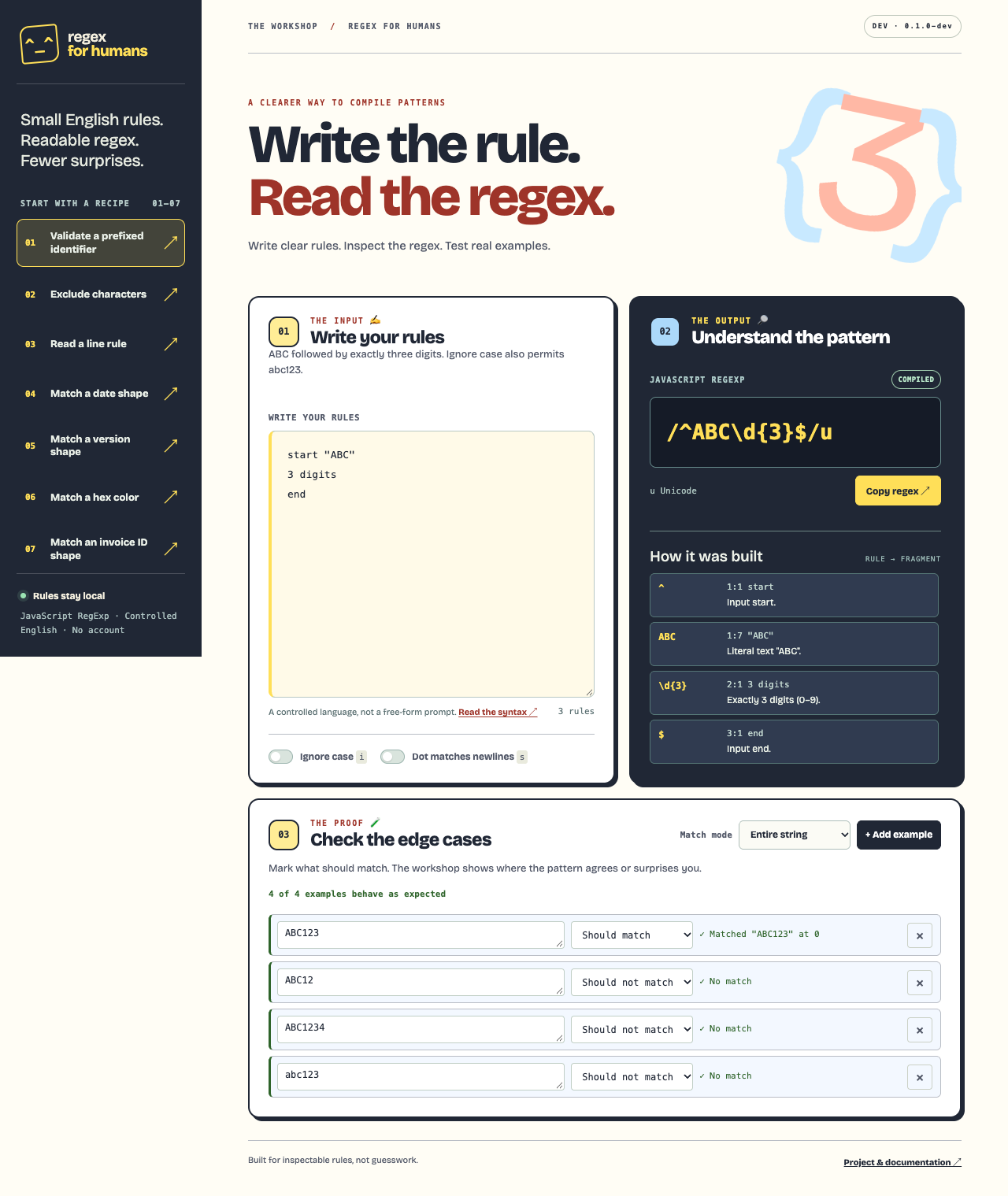 Regex For Humans workshop with editable rules, a generated regex, explanations, and passing examples.