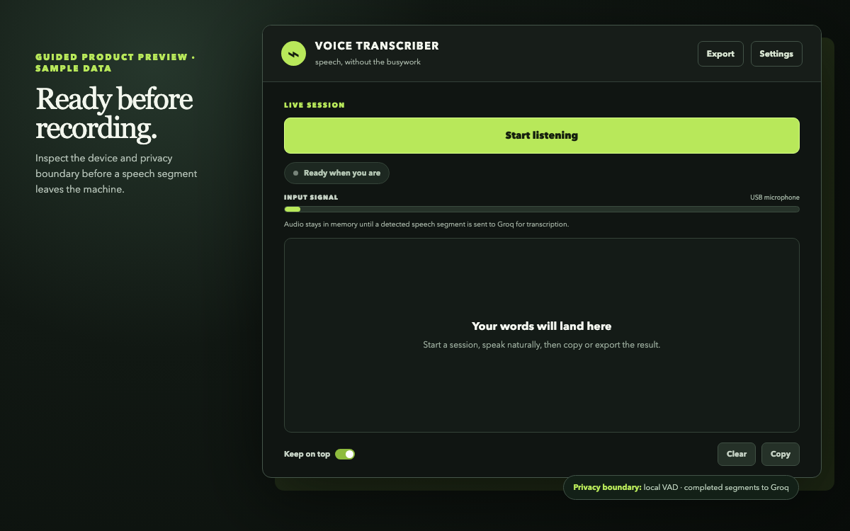 Voice Transcriber ready state with microphone and privacy information visible