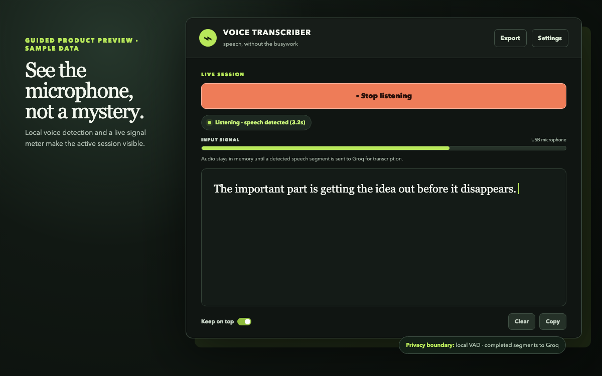 Voice Transcriber active state with speech detected and input meter moving