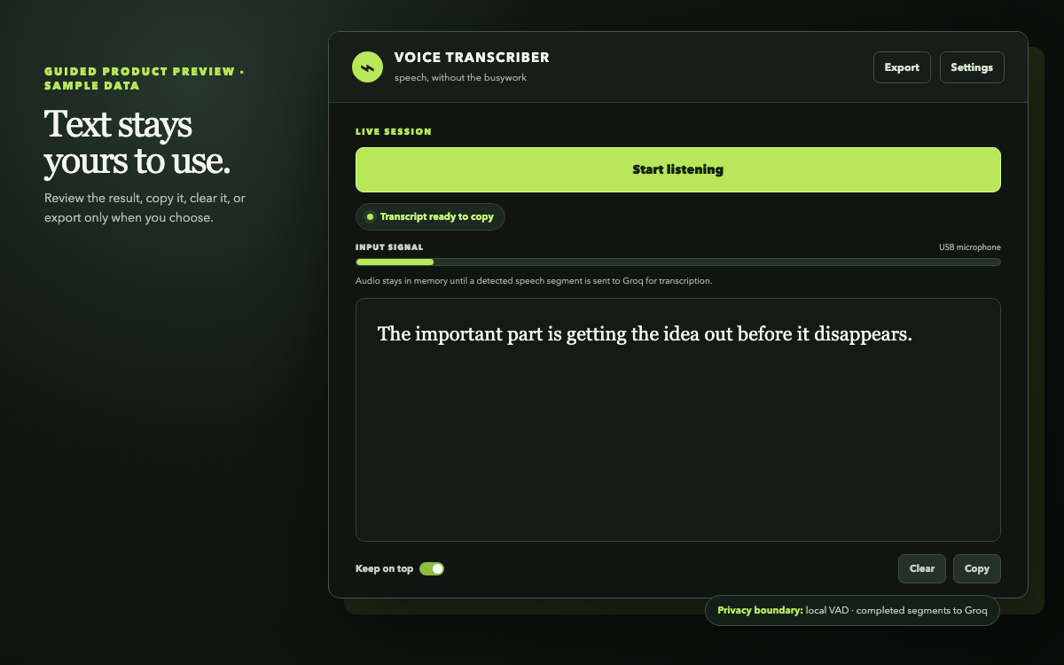 Voice Transcriber completed transcript ready for copy or export