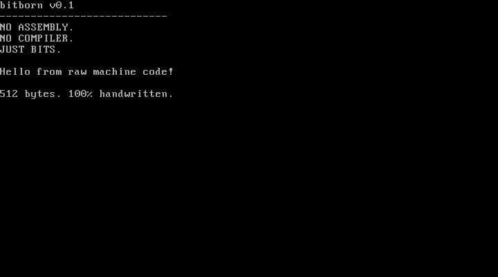 Actual QEMU screen showing bitborn v0.1, NO ASSEMBLY, NO COMPILER, JUST BITS, Hello from raw machine code, and 512 bytes. 100% handwritten.