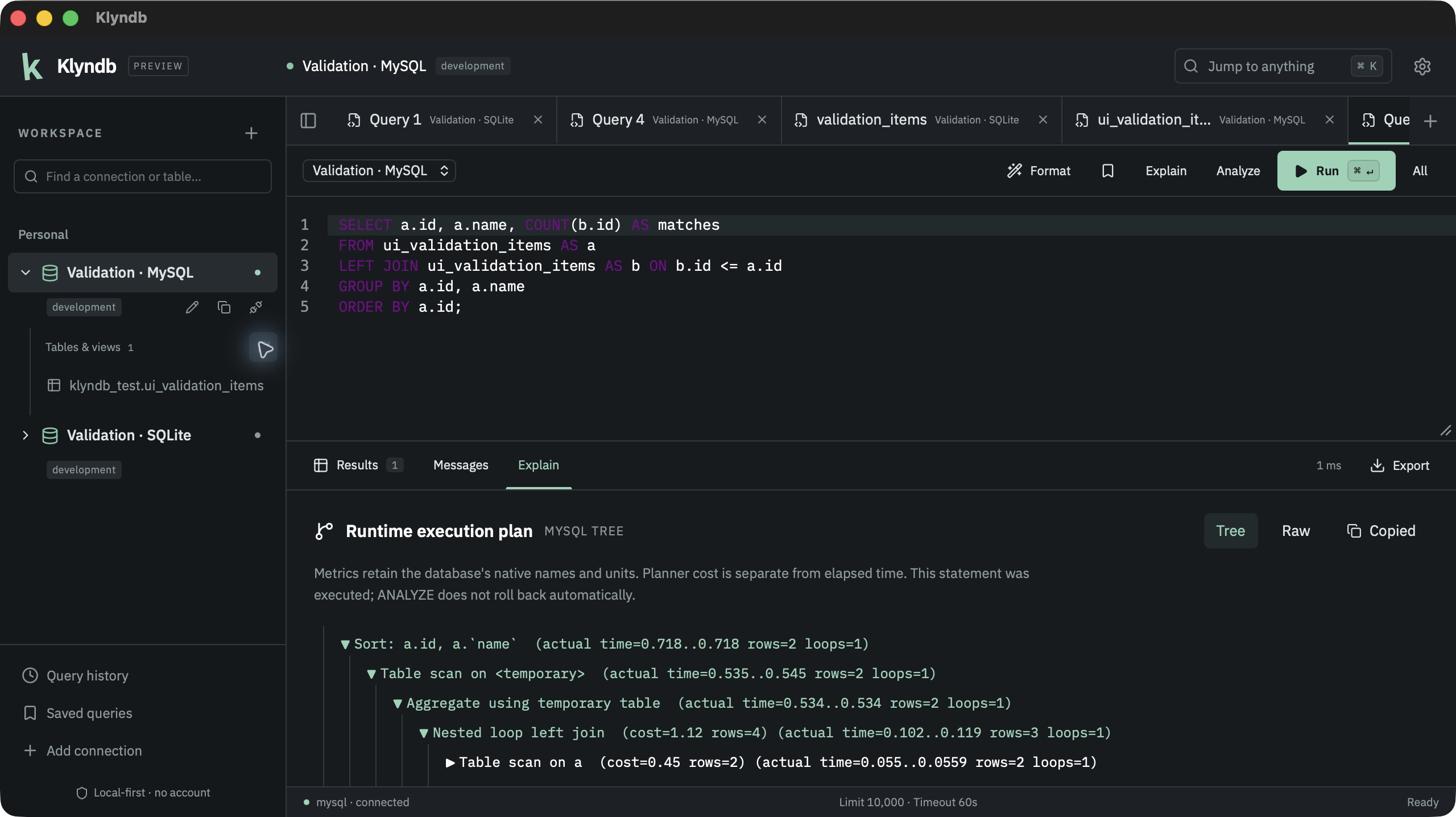 Actual Klyndb native MySQL execution plan with a collapsible tree and estimated operators