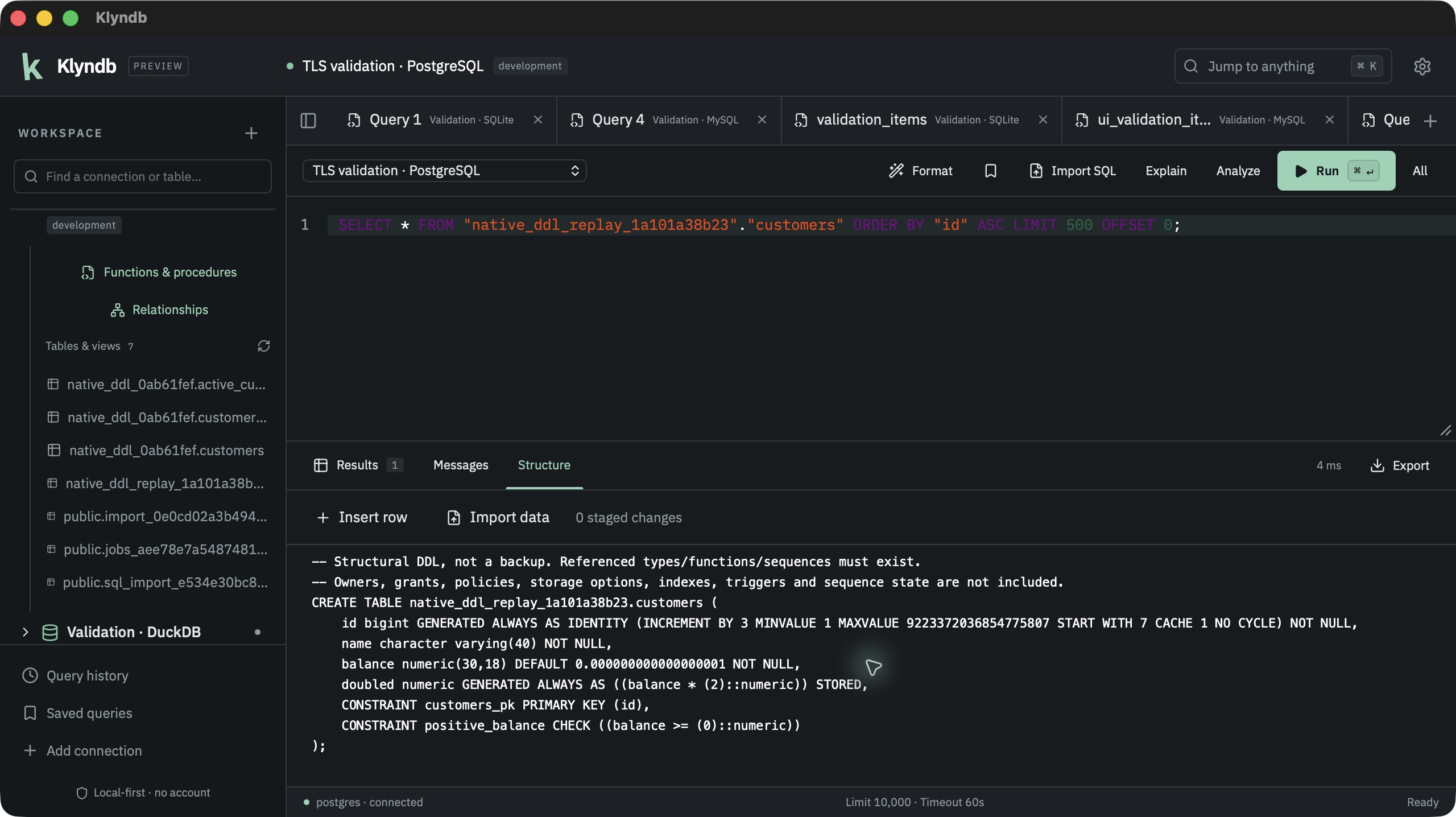 Actual native Klyndb PostgreSQL Structure after replaying and reinspecting the displayed identity and generated-column definition