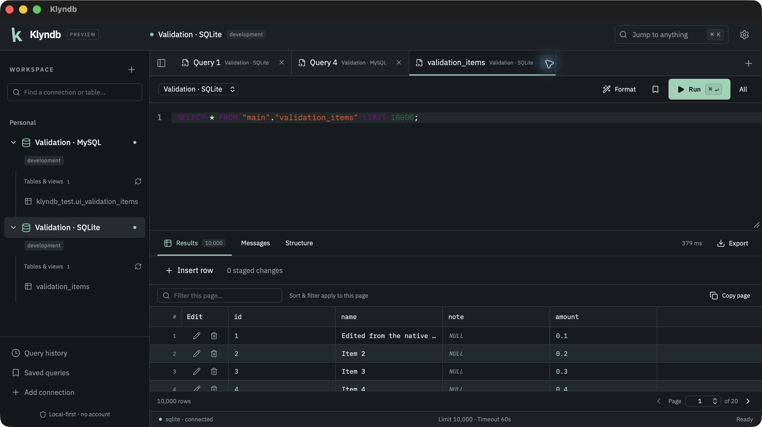 Native Klyndb app with connected SQLite and MySQL databases, SQL tabs and a real 10,000-row result