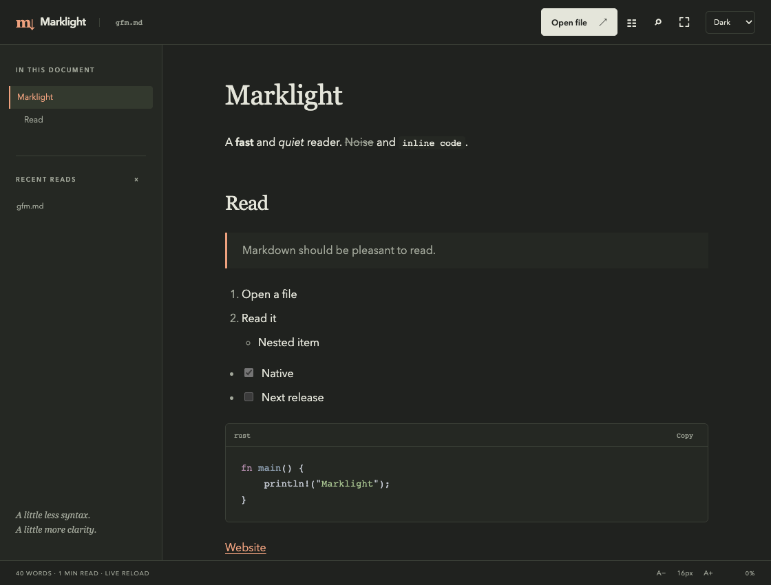 Marklight reader in dark theme with its document outline and highlighted Rust code.