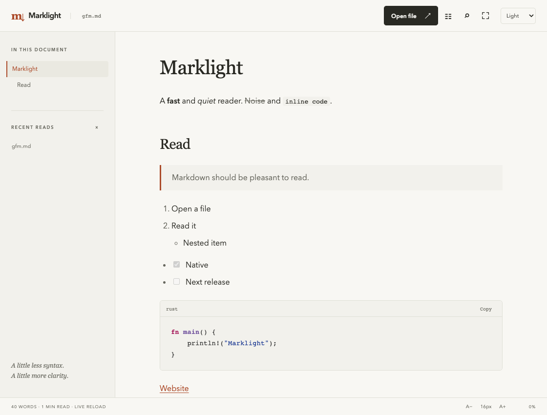 Marklight reader in light theme, showing a document outline, task list, highlighted Rust code and reading progress.