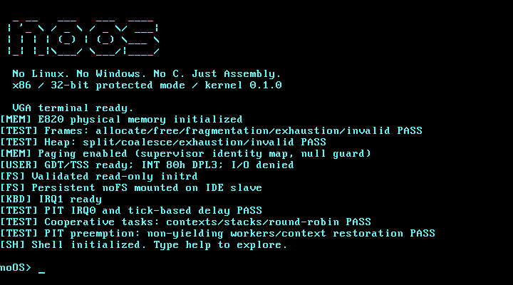 The real noOS operating system booted in QEMU, showing its Assembly kernel welcome screen and shell.