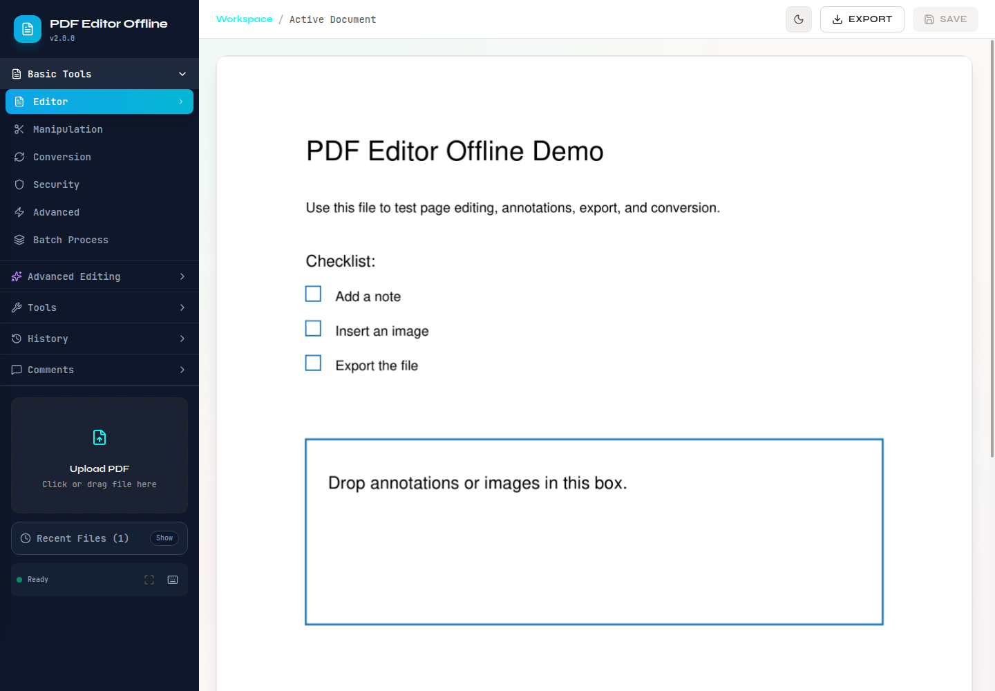 Editor workspace with demo PDF loaded