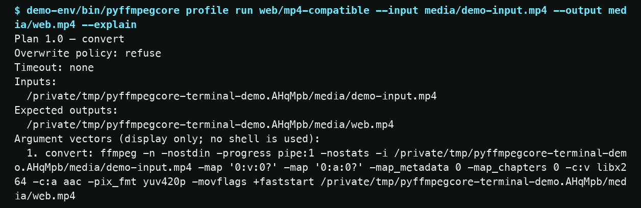The public 0.3.3 terminal recording previews the FFmpeg command, input and output paths, overwrite policy, and planned arguments.