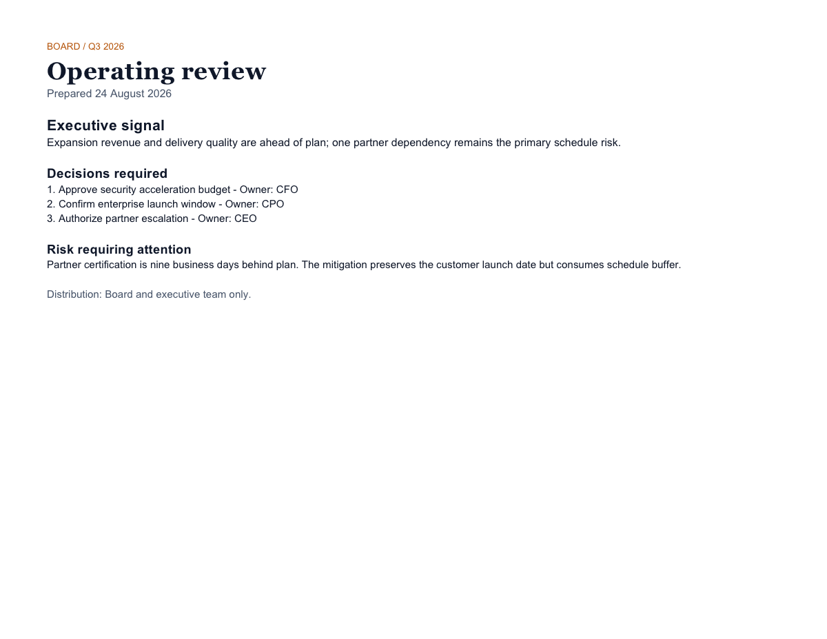 Landscape board report with executive summary, KPI scorecard, risk notes, and footer.