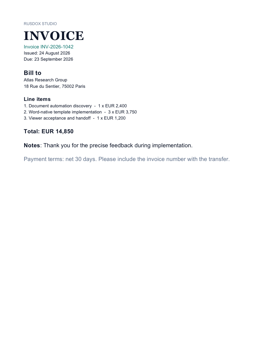 One-page consulting invoice with orange heading, item table, and total.