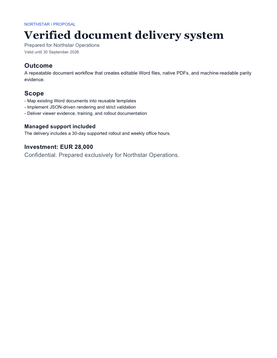 Two-page project proposal with warm orange section headings and scope table.