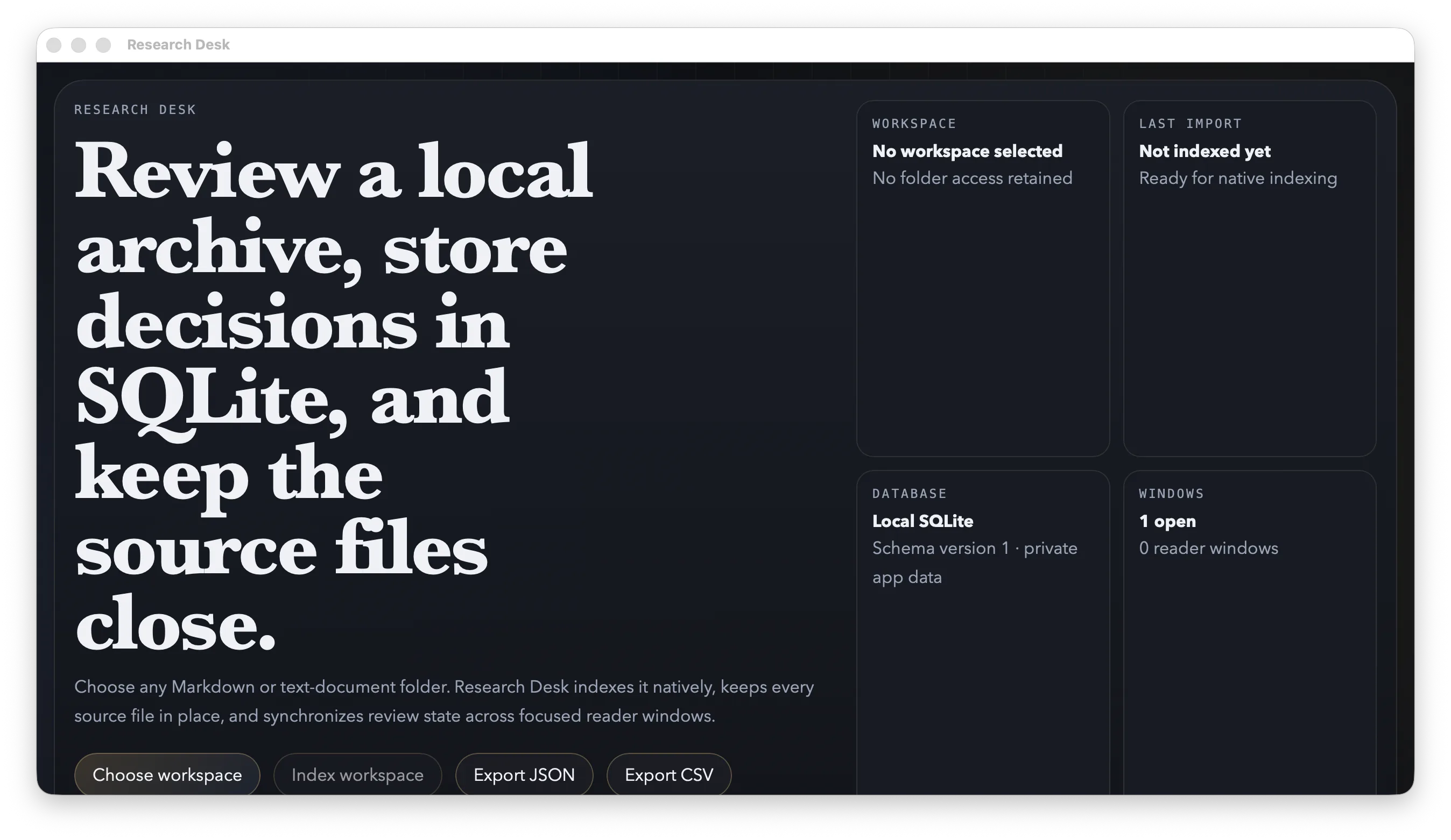Research Desk local archive, review queue, and document preview