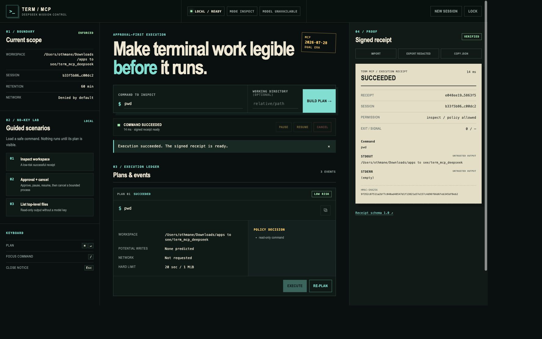Term MCP DeepSeek mission control showing an inspect-mode pwd plan, execution events, and a signed succeeded receipt